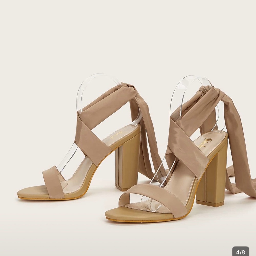 SHEIN Taupe Wrap-Ankle Block Heel Sandals